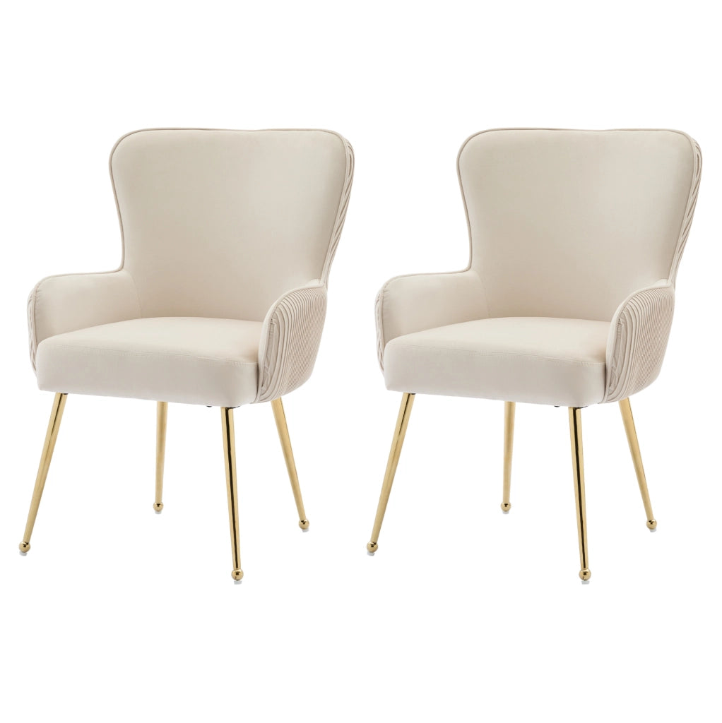 Set 2 sedie in velluto beige e oro con braccioli e supporto lombare