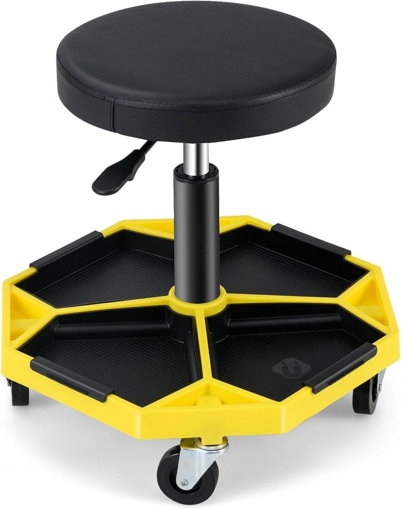 SOARS Sgabello rotelle, seduta ergonomica regolabile in altezza 41-55 cm, sgabello con vassoio magnetico rimovibile per riporre attrezzi, carico massimo 150 kg, per officina, garage (giallo)