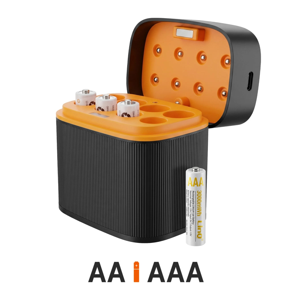 Caricabatterie Batterie AA e AAA 8 Slot con 4 Pile AAA Litio 1.5V Nero / Arancione LinQ