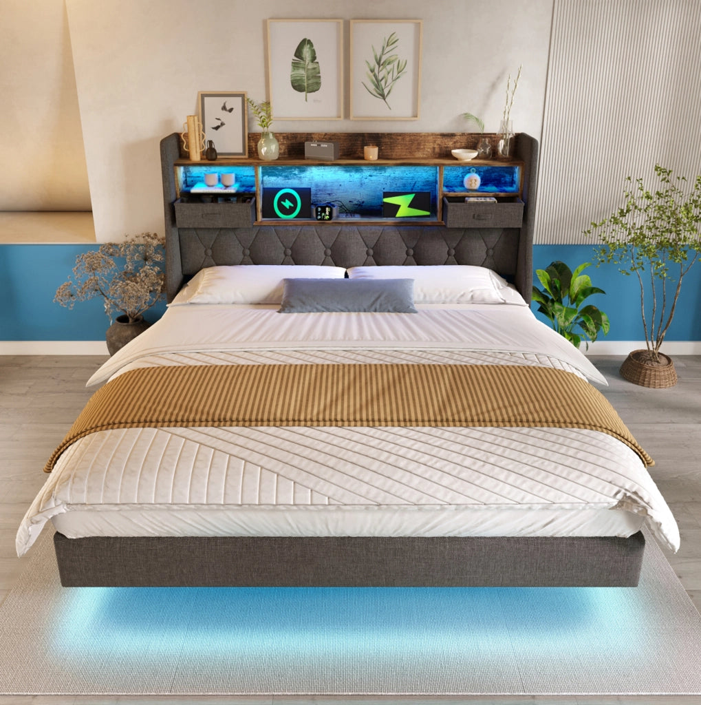 Letto imbottito 160 x 200 cm con LED; USB; Type-C e vano portaoggetti; lino grigio