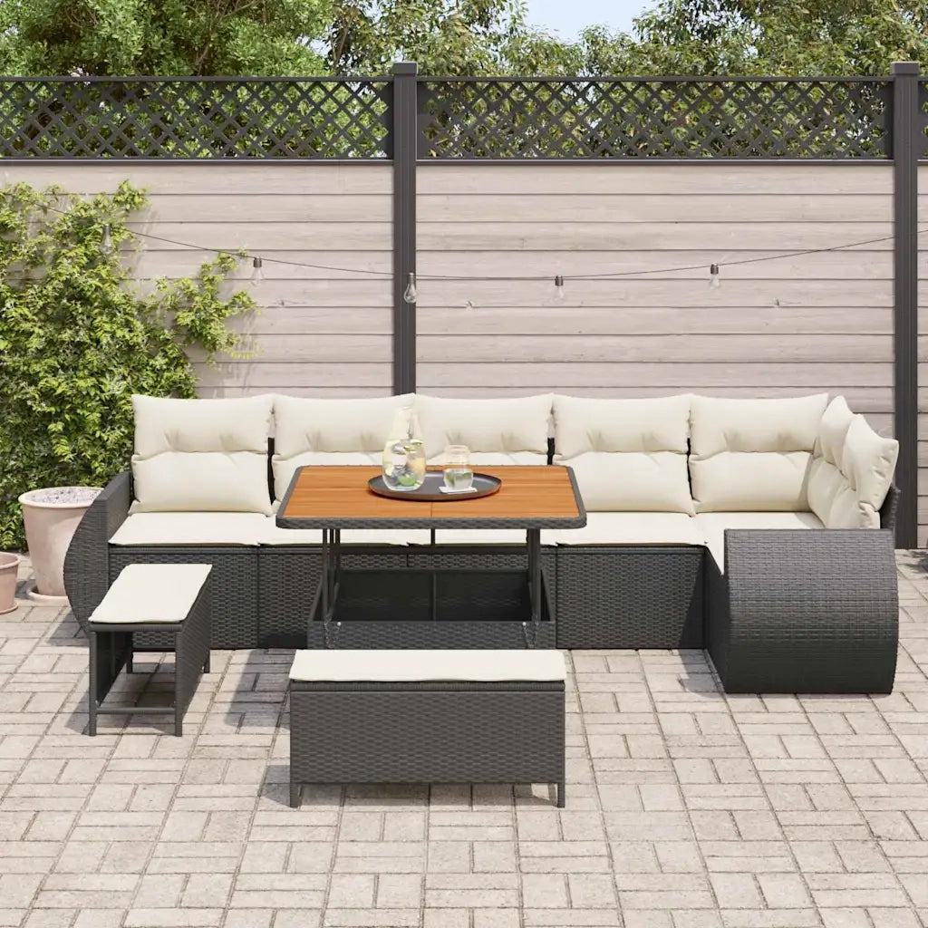 Set Divano da Giardino con cuscino 9 pcs Nero e Crema