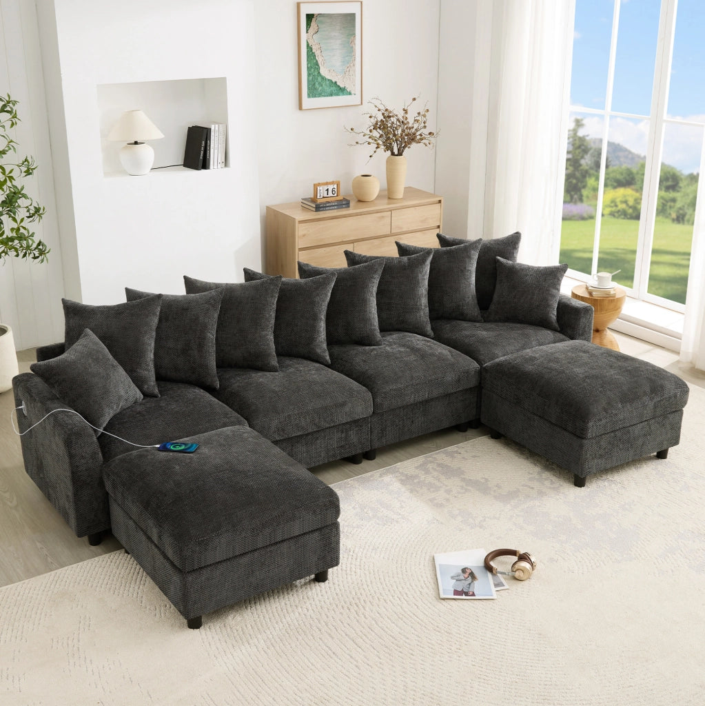 Divano modulare angolare U/L a 6 posti con 2 pouf; USB e Type-C; 283 cm; chenille grigio