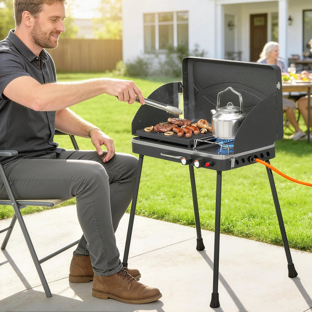 BBQ a Gas Propano Portatile 2-in-1 con Griglia e Fornello. 7KW. Nero