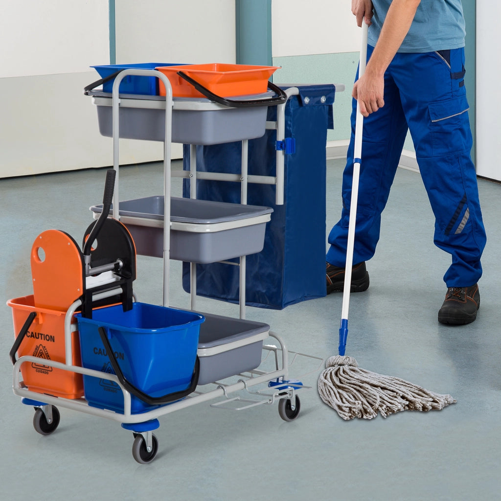 Carrello per Pulizie con 4 Secchi e Borsa ¨C Zephmum ¨C Grigio 118x73x103cm