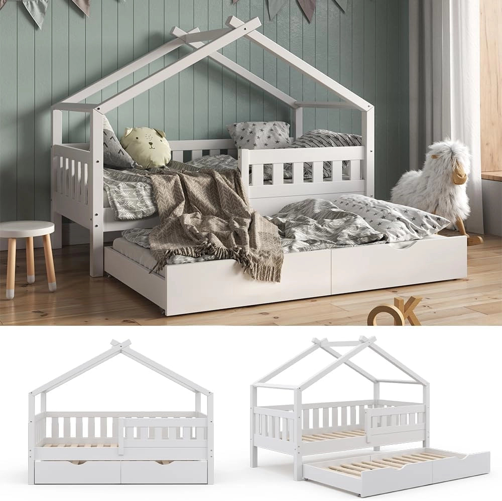 Letto montessori bambini Design, Bianco, 80x160 cm con letto per ospiti, adatto come area giochi e zona notte per bambini