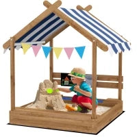 Sabbiera con Protezione Solare, Design Casa da Gioco, con Set di Giocattoli, Legno Massiccio Trattato, 124 x 116 x 146 cm, Marrone