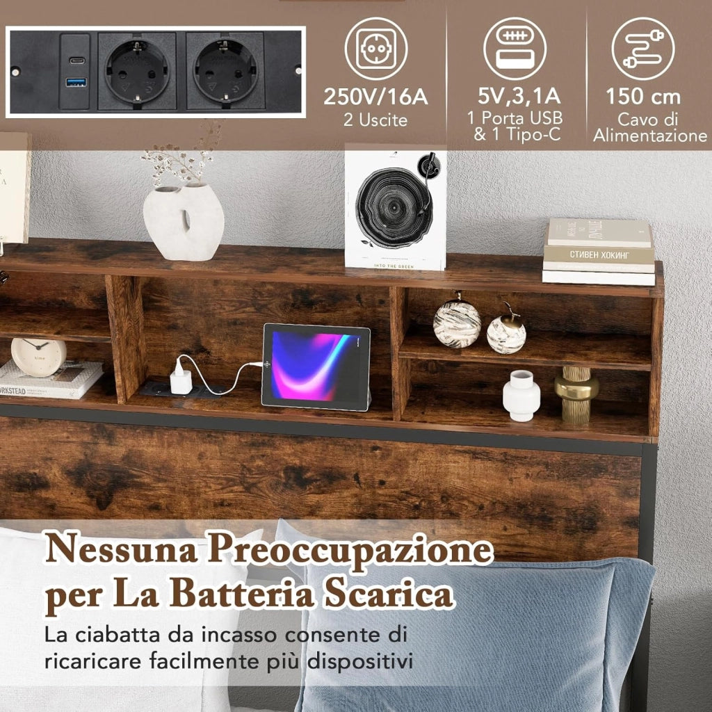 Letto Matrimoniale 140 x 200 cm con Stazione d Ricarica, Stuttura Letto 20,5 cm di Altezza, Telaio Letto con Testiera a Ripiani, Capacità di 500 kg, Marrone Rustico