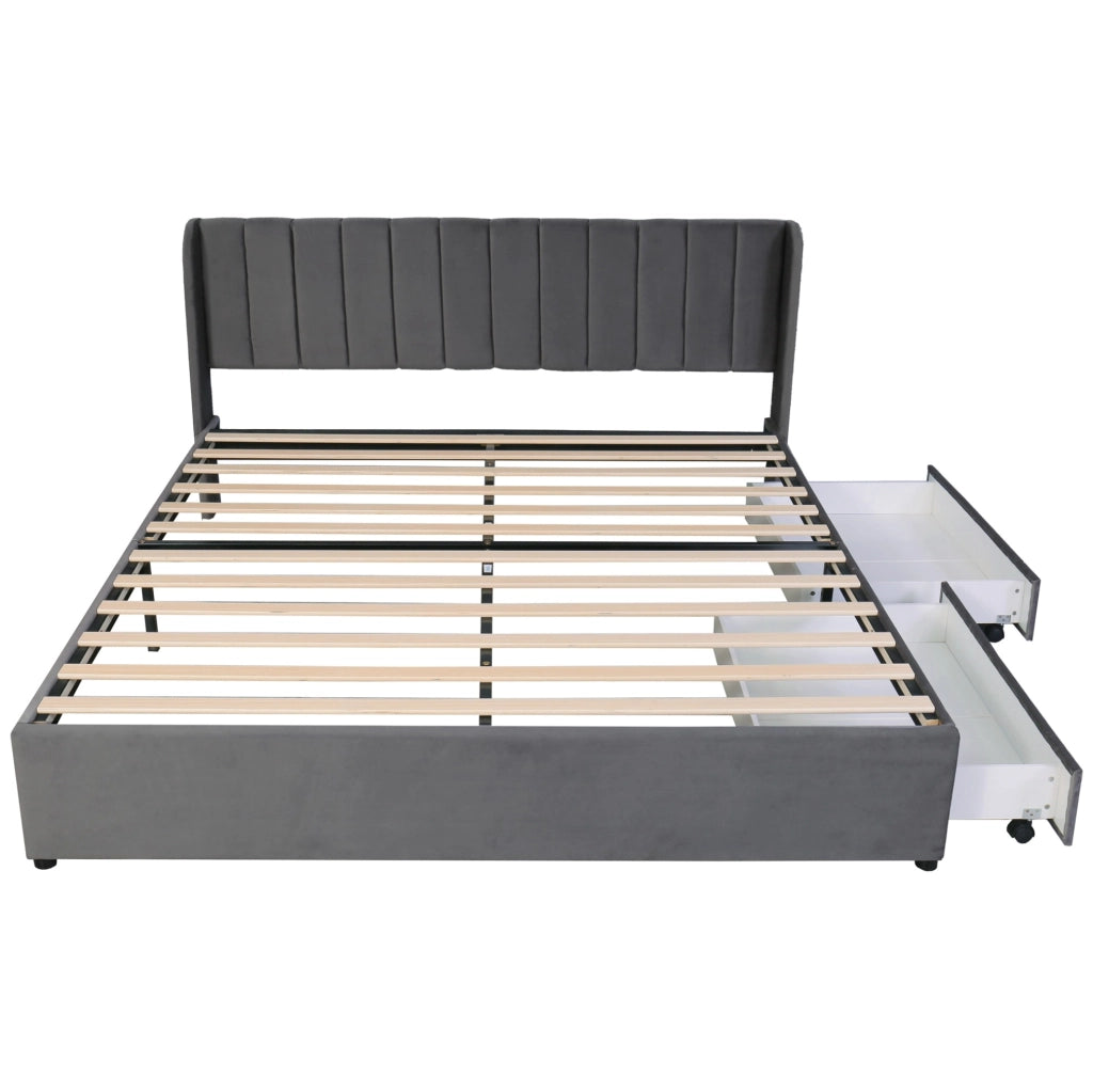 Letto in velluto grigio 180x200 cm con 2 cassetti e rete a doghe