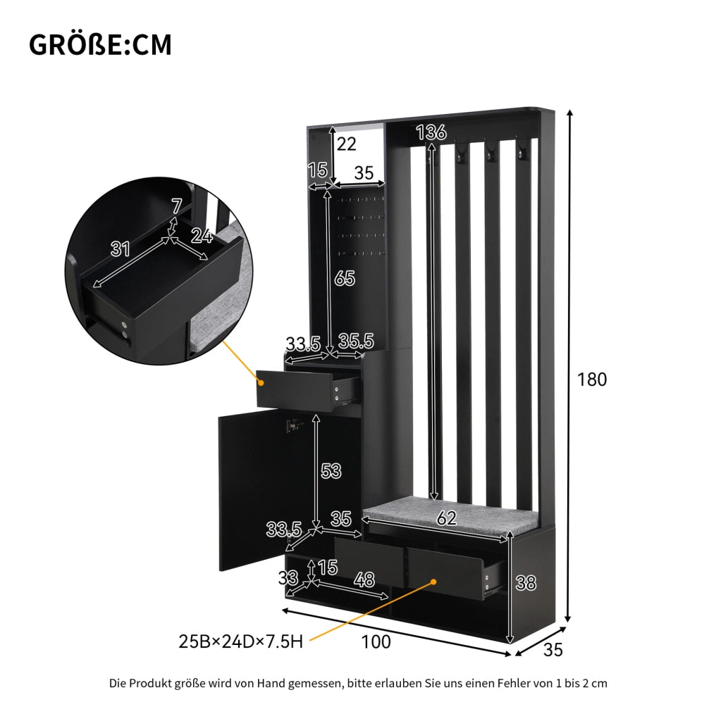 Guardaroba da ingresso 6 in 1 con panca imbottita nero