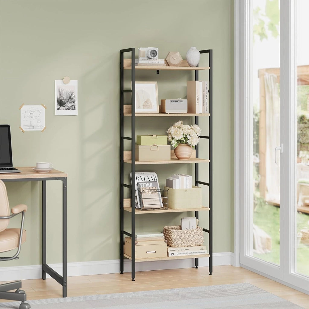 Libreria Scaffale a 5 Livelli, Libreria Verticale Struttura in Metallo per Soggiorno/Camera da Letto/Studio, 60x27,5x160cm, Bianco + Rovere chiaro