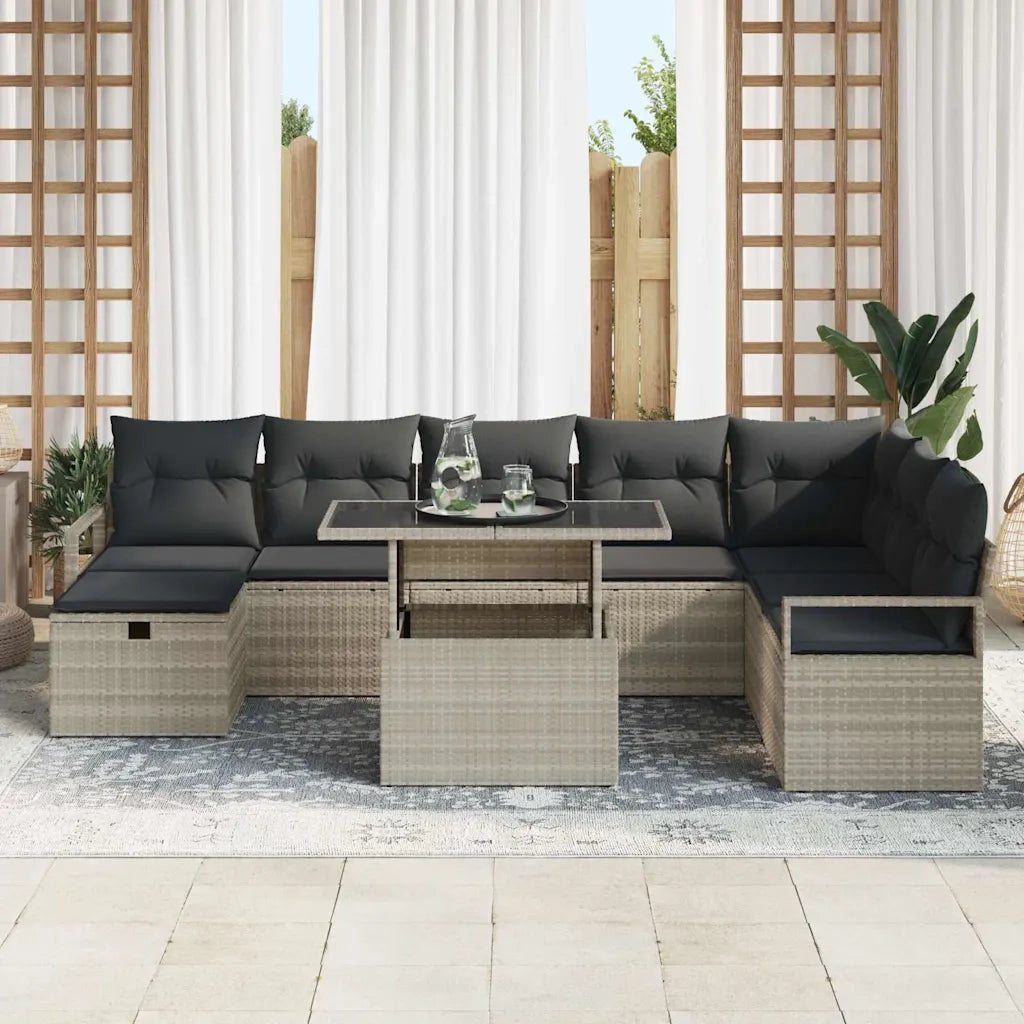 Set Divano da Giardino 9 pcs Grigio chiaro Poly Rattan