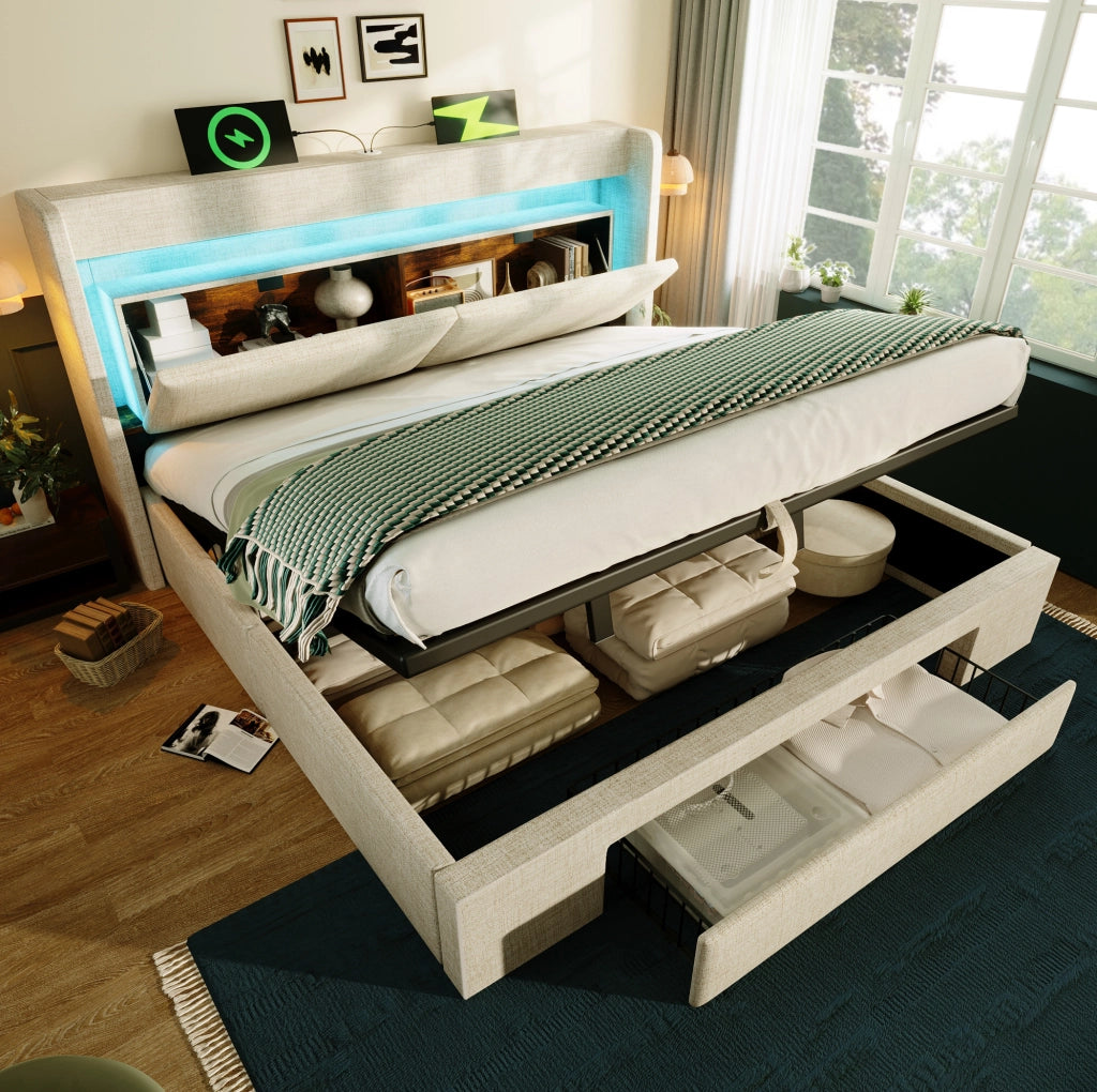Letto imbottito 140x200 cm con contenitore idraulico; LED e porte USB; beige