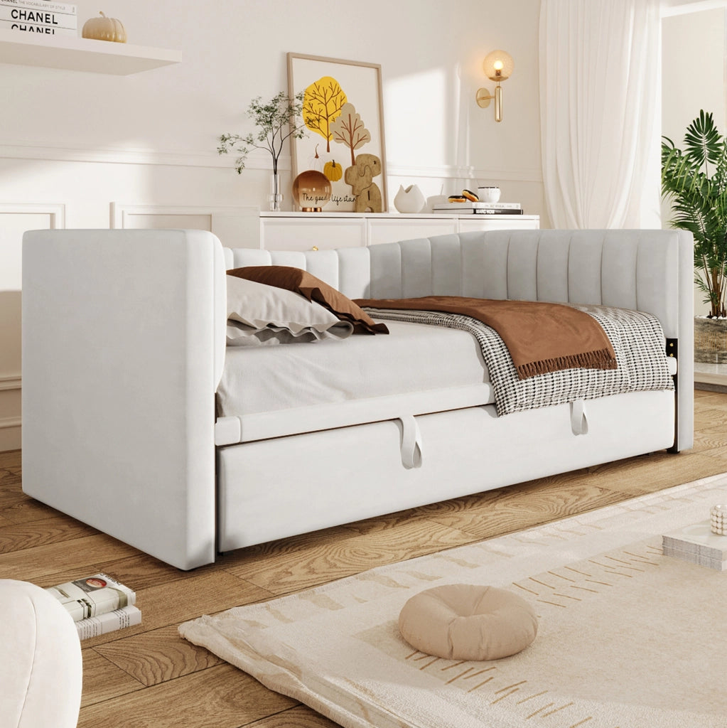Letto imbottito con letto estraibile 90 x 200 cm, velluto e MDF, bianco