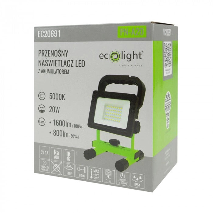 Faro LED portatile ricaricabile 20W 1600lm 5000K IP54