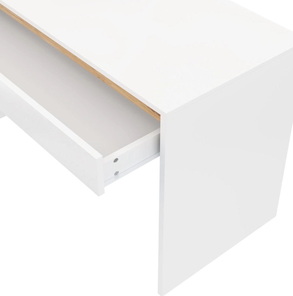 Scrivania 140x50 cm con 5 cassetti; bianco e rovere; in truciolare