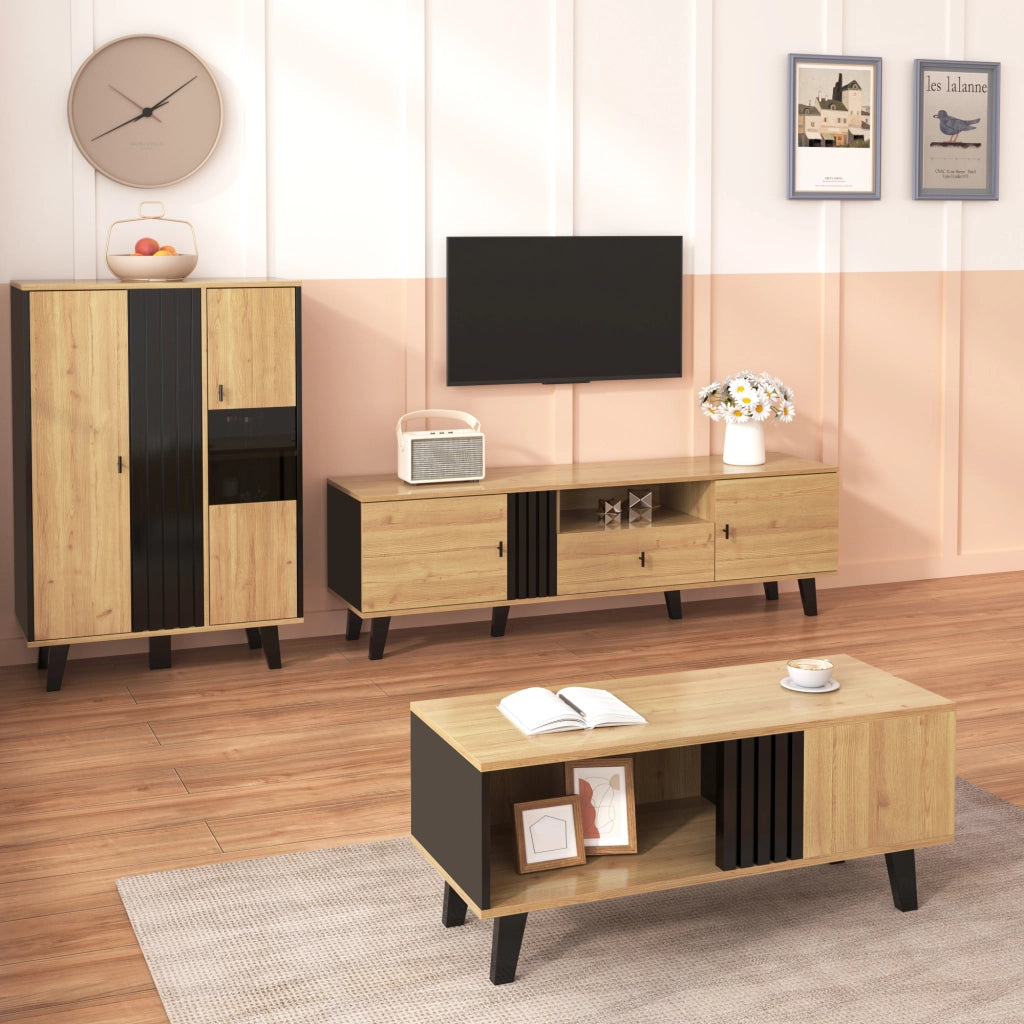Set Di Mobili Da Soggiorno con 1 Tavolino; 1 Mobile TV e 1 Credenza con LED; per Soggiorno; Vetro e Pannello Truciolare; Nero e Legno