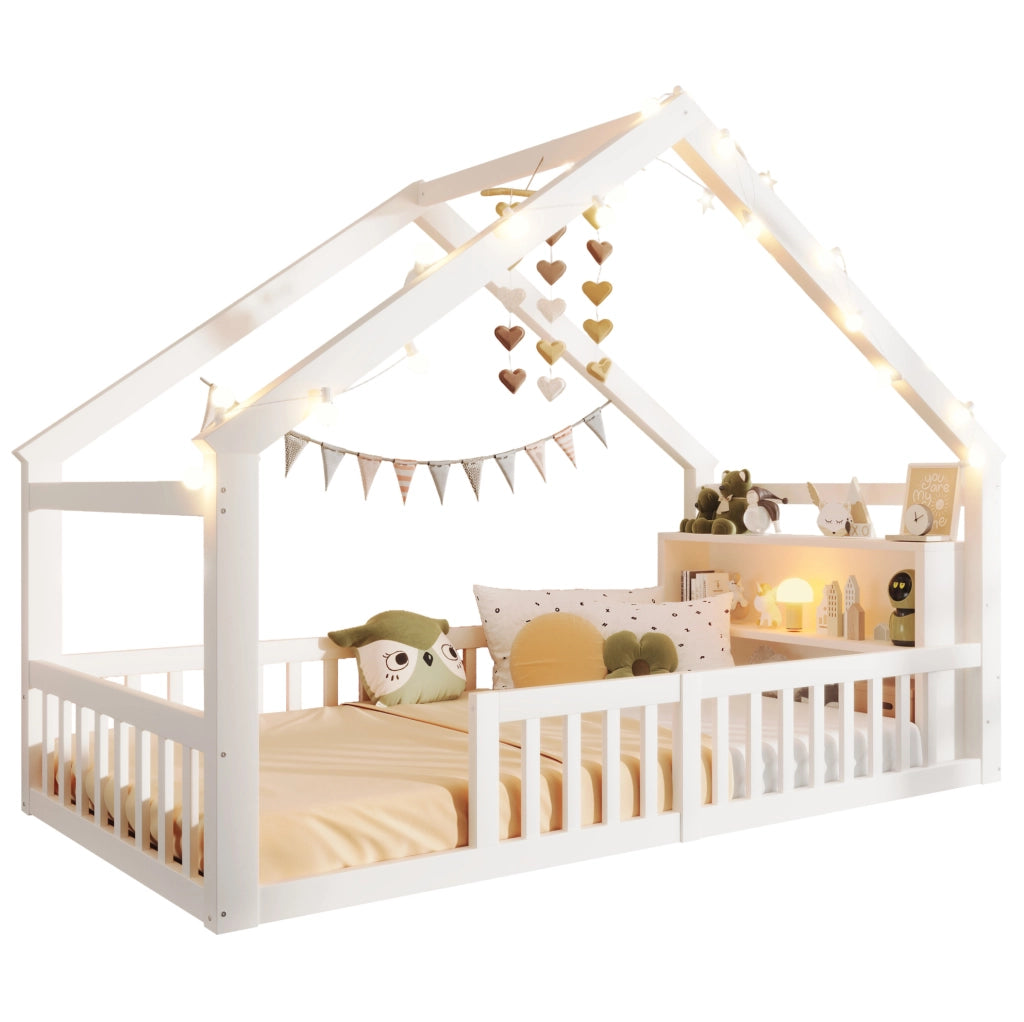 Letto per bambini a casetta 90x190 cm con sponde e scaffali, bianco