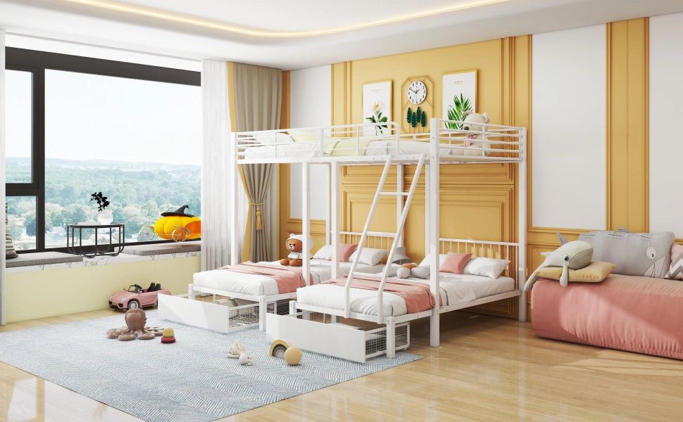 DESMIU Letto a castello 3 posti 140 × 200 cm e 2 × 90 × 200 cm con 2 cassetti, senza materasso, in metallo, bianco