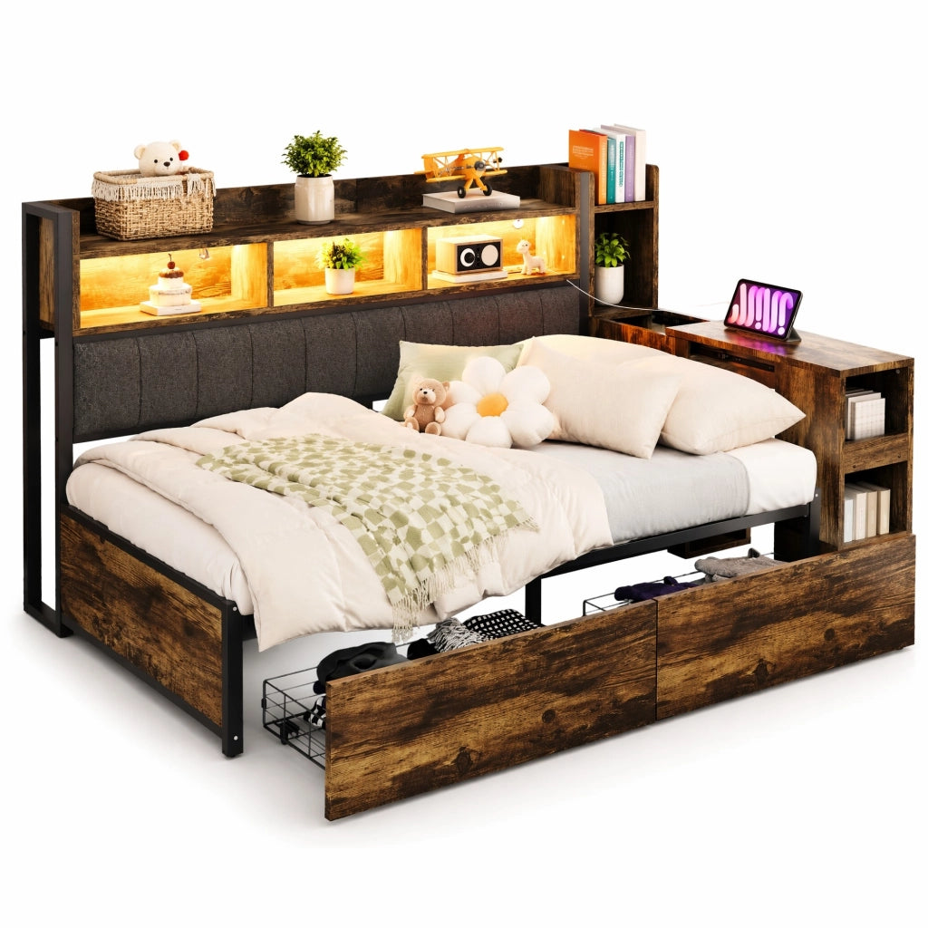 Letto singolo 90x200 cm multifunzione con scrivania estraibile, prese e cassetti