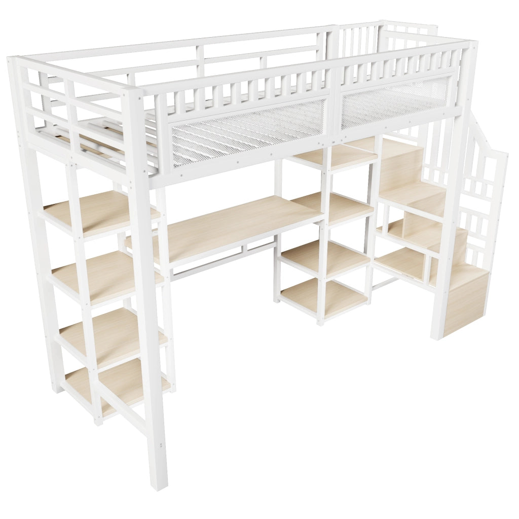 Letto a soppalco ULEVR 90x200 cm con scrivania, LED e USB, scala con vano contenitore, bianco