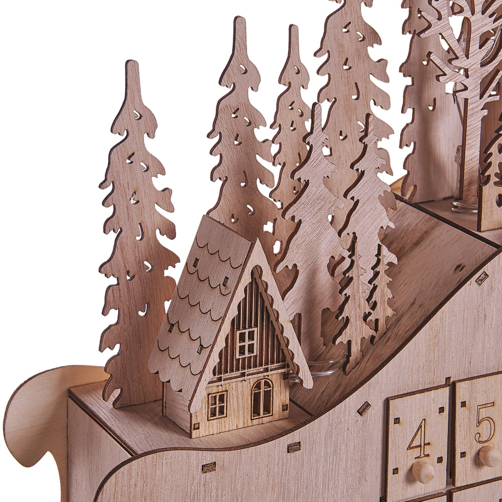 Decorazione natalizia Luce marrone LED Calendario dell'Avvento a forma di slitta Decorazione scandinava