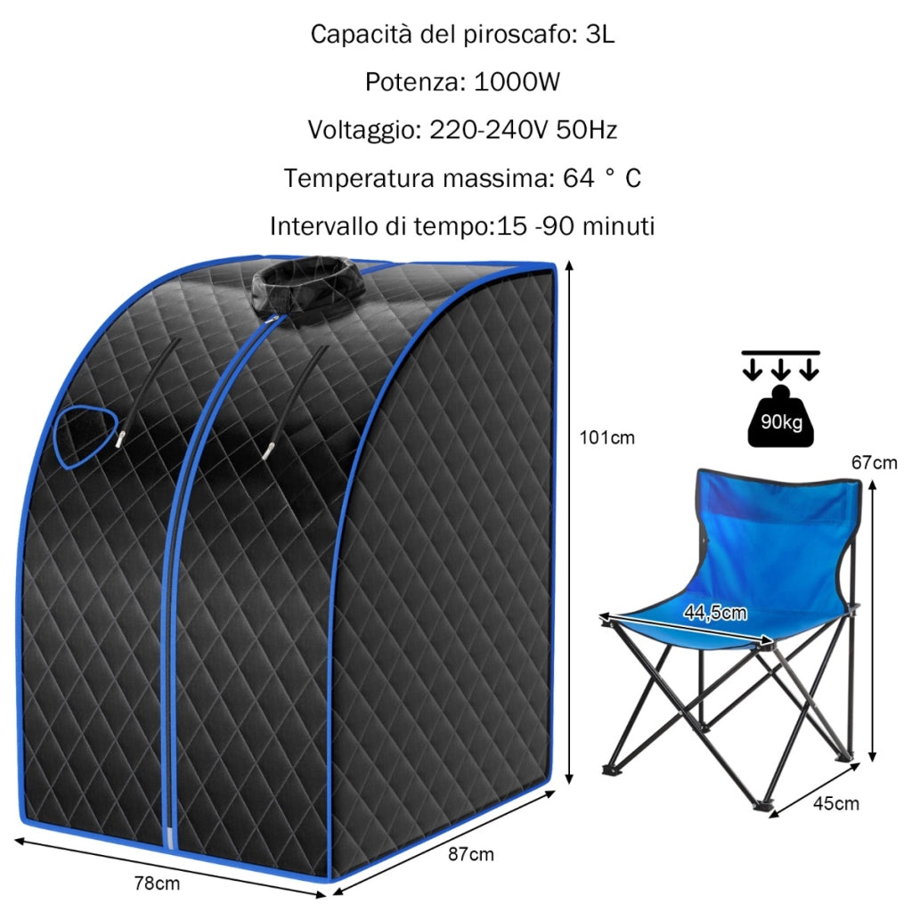 Sauna a vapore portatile timer e temperatura regolabili, Sauna pieghevole 3 L con telecomando Nero