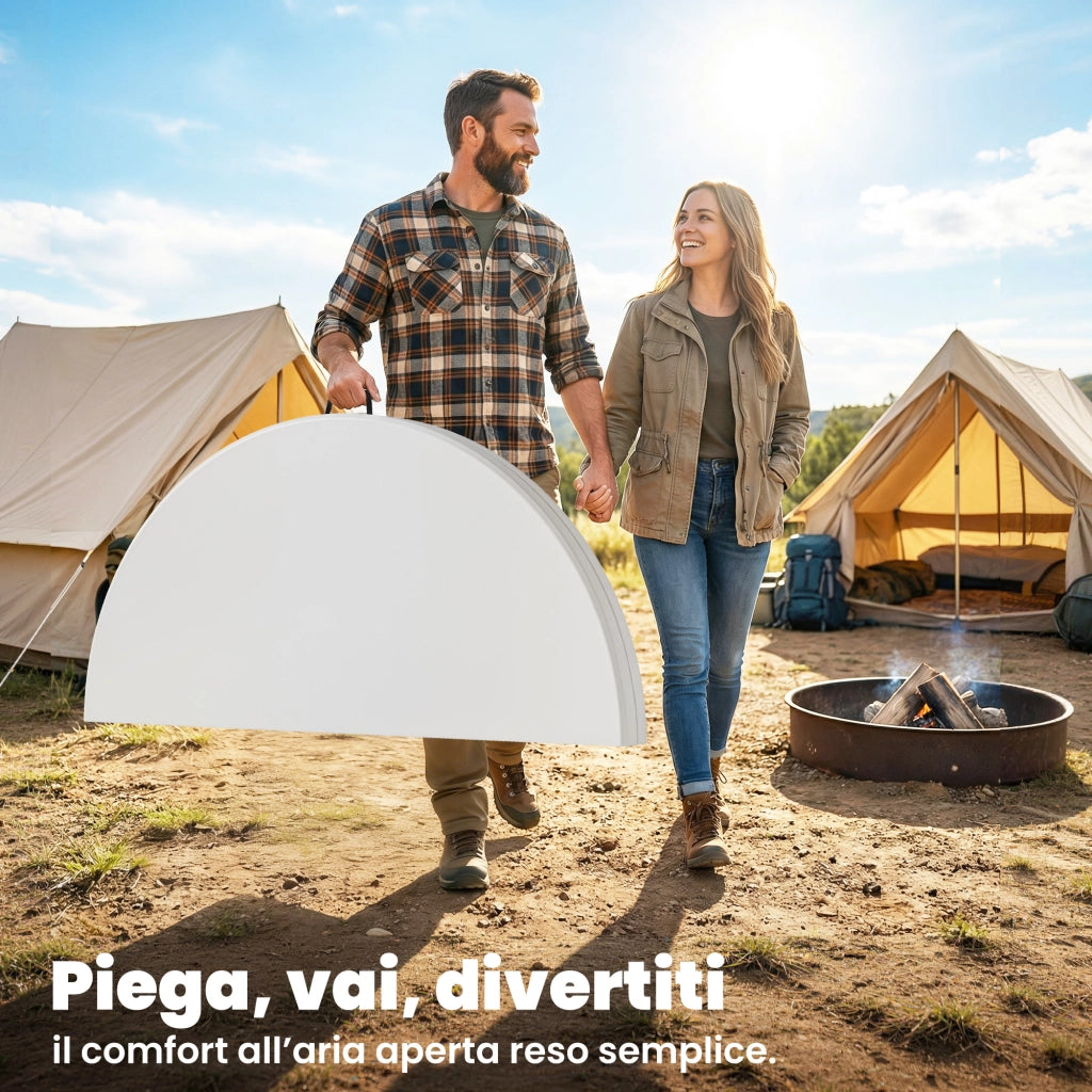 Tavolo da Campeggio Pieghevole Rotondo in Metallo e HDPE, 120x120x74 cm, Bianco