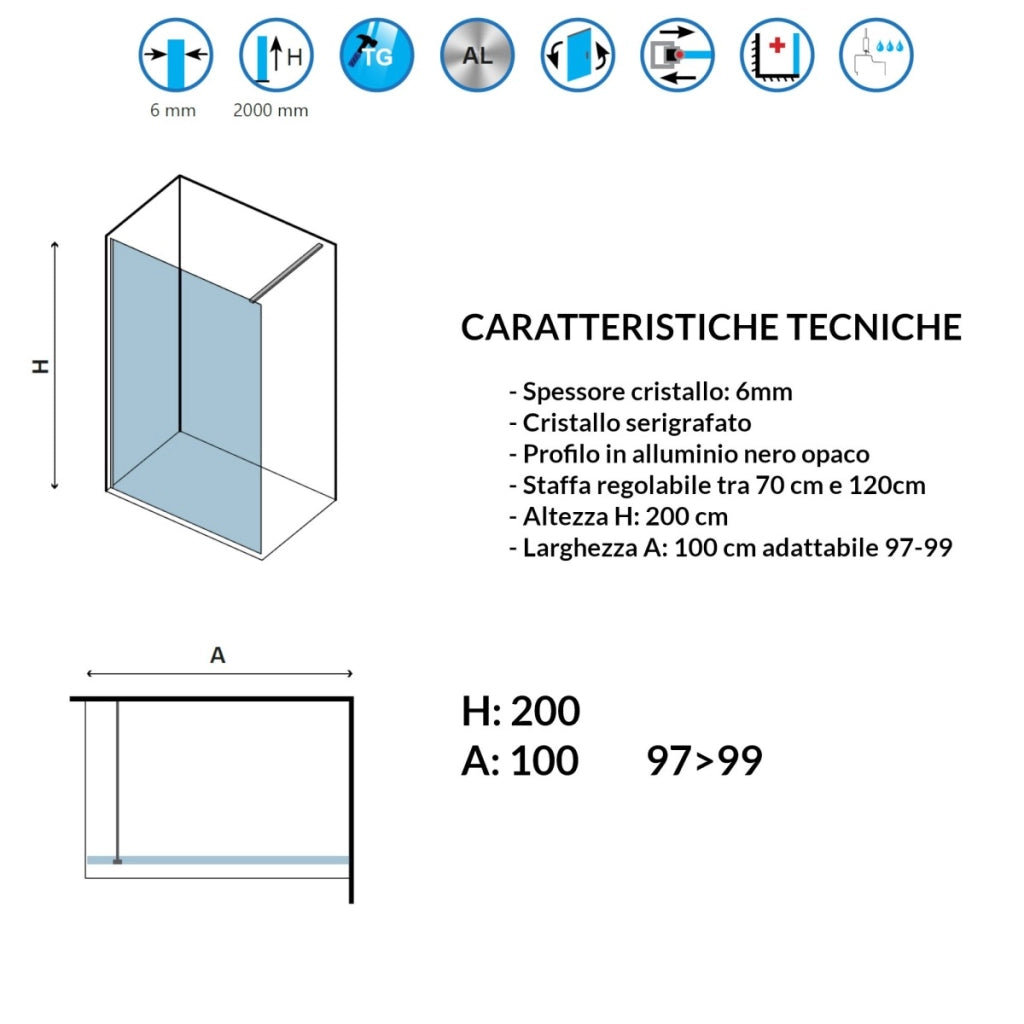 Parete doccia walk-in cristallo serigrafato h200cm 6mm profilo nero nerofree1, misura 100