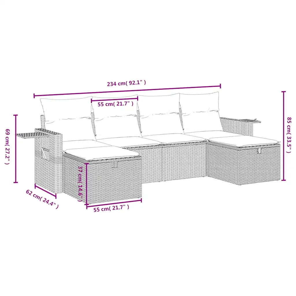 Set Divano da Giardino 6 pz con Cuscini Beige in Polyrattan