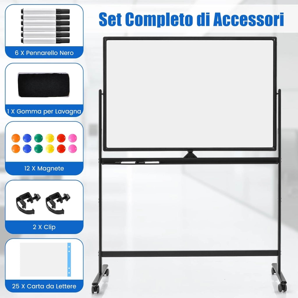 Lavagna Bianca Mobile 120 x 80 cm, Lavagna a Doppia Faccia Magnetica Cancellabile a Secco con Cavalletto e Ruote, Altezza Regolabile 2 Livelli, Accessori Completi (Nero)