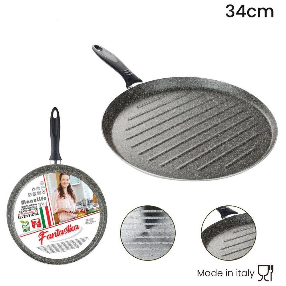 Trade Shop - Bistecchiera Tonda Rigata Padella Cucina Antiaderente Antigraffio 7 Strati 34 Cm 045017m -