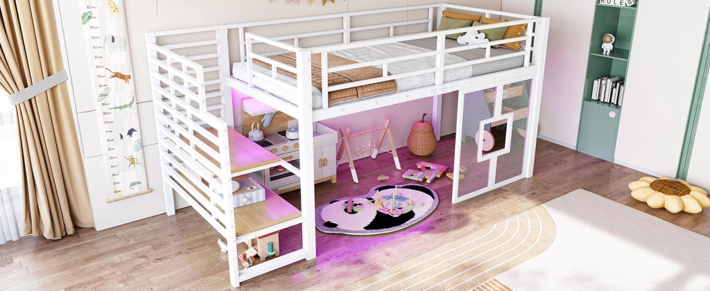 Letto a soppalco singolo 90 × 200 cm con scala contenitore, LED e finestre, senza materasso, bianco