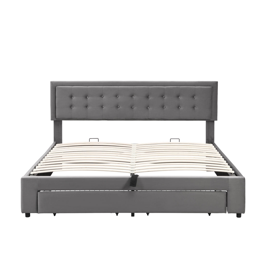 Letto matrimoniale imbottito con contenitore e cassetti; testiera regolabile; 180x200 cm; grigio in velluto