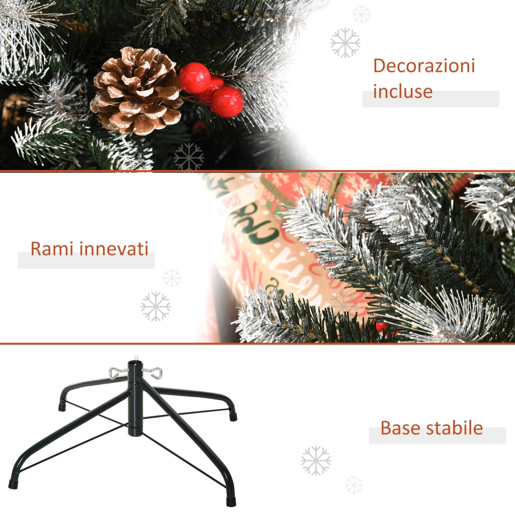EasyComfort Albero di Natale Innevato 180cm con Bacche Rosse e Pigne Bianche, Base Rimovibile Pieghevole, 678 Rami, Verde