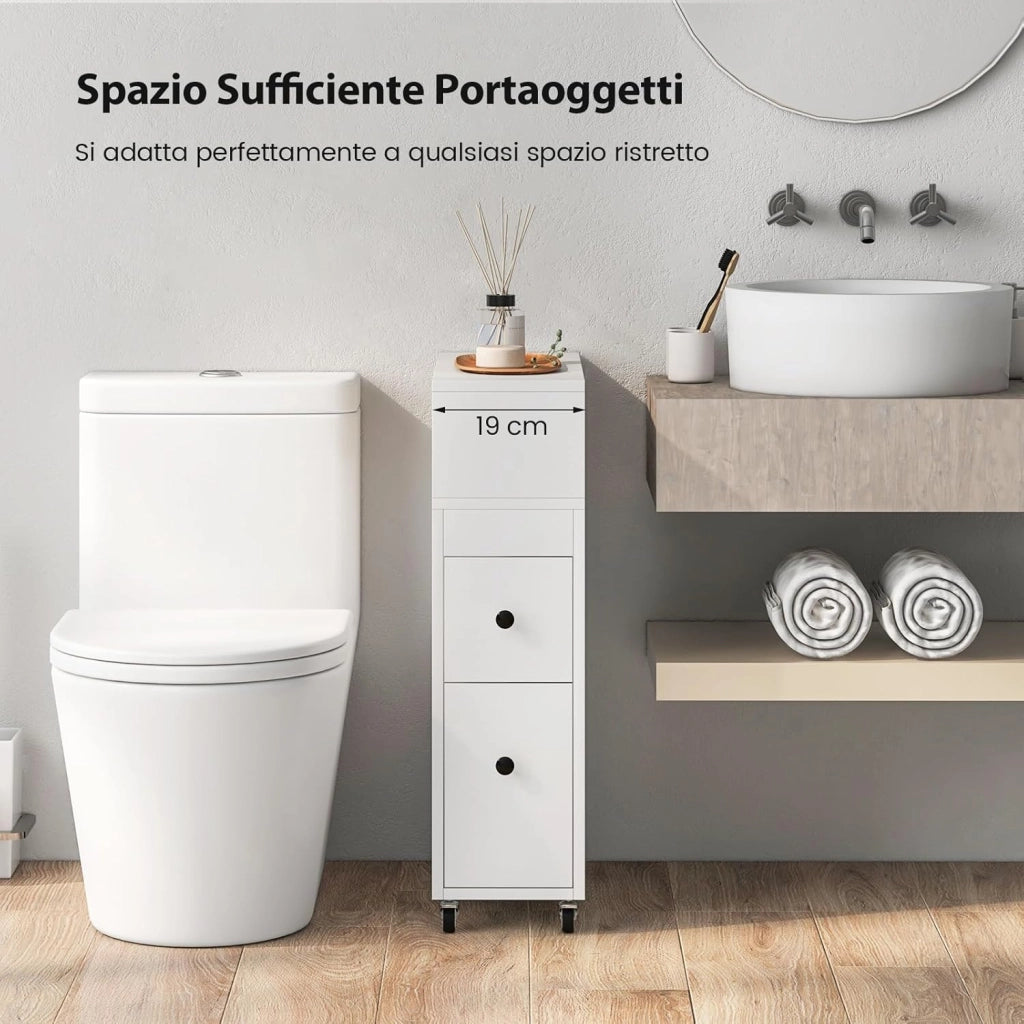 Mobile Bagno 50 x 19 x 72 cm, Arredo Salvaspazio con 2 Cassetti, 2 Cesti in Rattan, Ruote e Ripiani, Armadietto Stretto per Spazi Ridotti, Salotto e Cucina (Bianco)