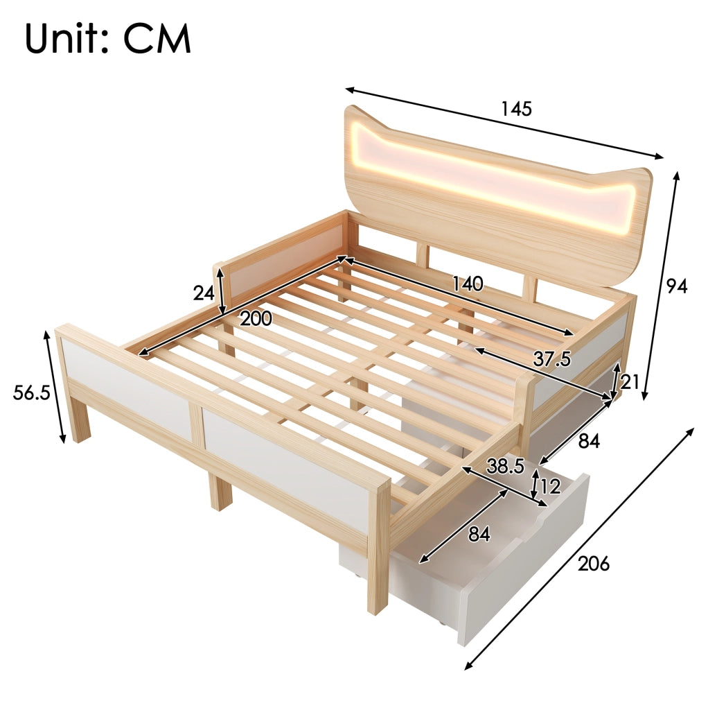 Letto per bambini 140x200 cm con LED; cassetto e vano contenitore; legno bianco e rovere
