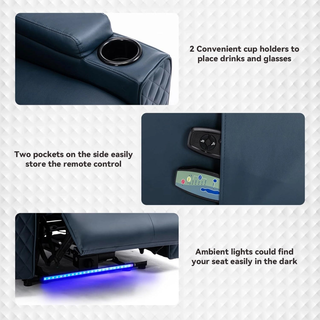 Poltrona Massaggiante Elettrica Illuminazione a LED Divano Telaio Home Theater Shake Divano Reclinabile Girevole con 2 Portabicchieri Blu