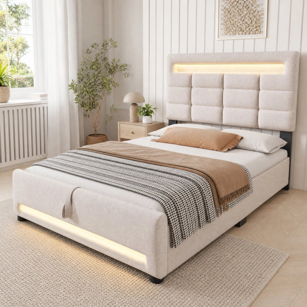 LETTO Contenitore 90x200 cm in lino Beige con APP, LED e USB