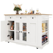 Carrello da Cucina con Cassetto; Vani Contenitore e Piano Ribaltabile; in MDF Metallo e Vetro; Bianco Naturale; 151;5 x 60 x 91;7 cm
