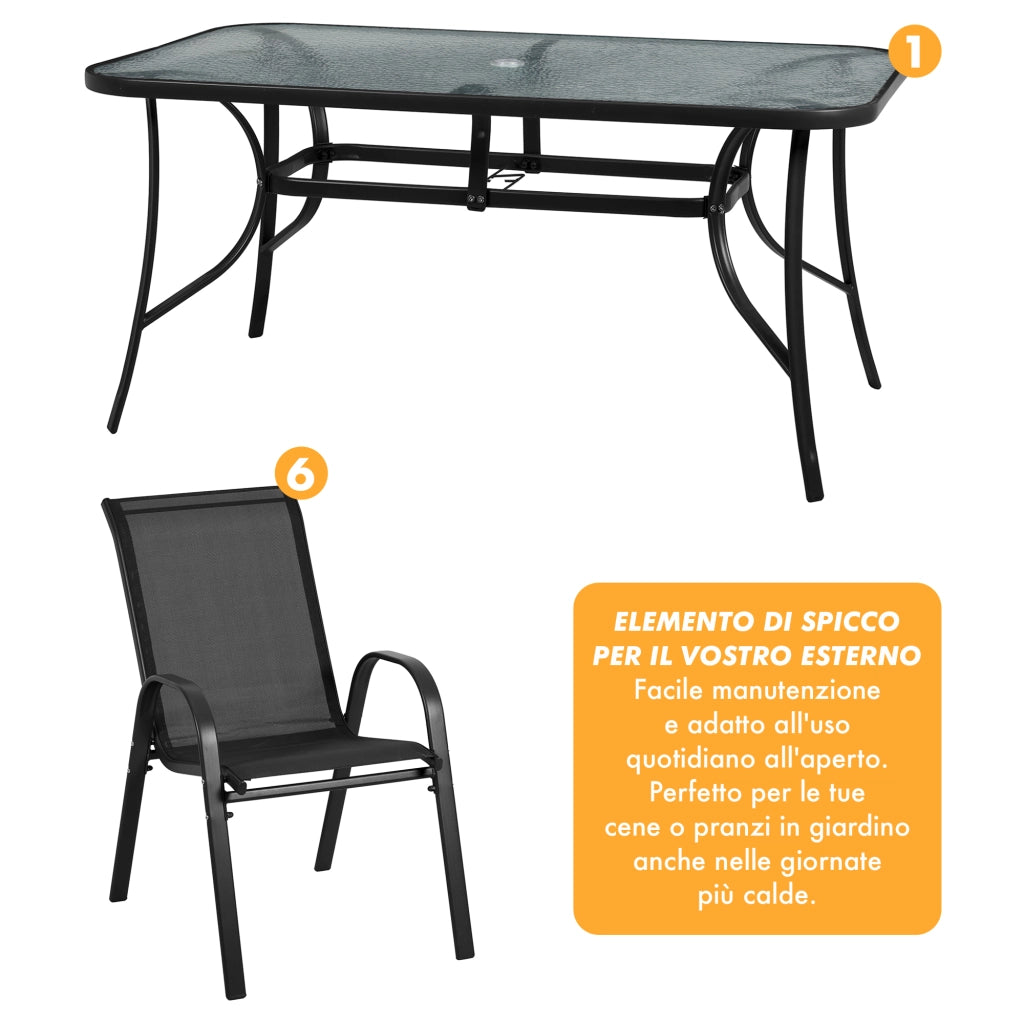 Set Tavolo Sedie Da Giardino 7 Pezzi, Tavolo Da Pranzo Terrazzo In Metallo Piano In Vetro Con Foro  Ombrellone 6 Sedia Da Esterno Impilabili Con Schienale Alto,Veranda  Nero