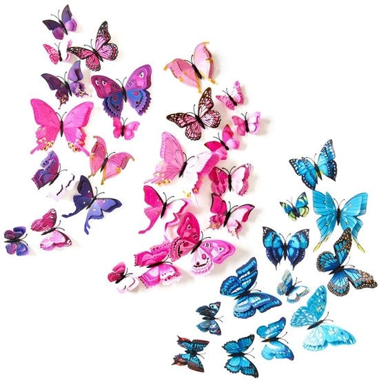 Decorazioni per Parete 3D Farfalle - 36 Pezzi - Decorazione - Doppia Finestra - Impermeabile - Materiale PVC - Magnetico/Adesivo Self-Sostenente - Parete Tattoo
