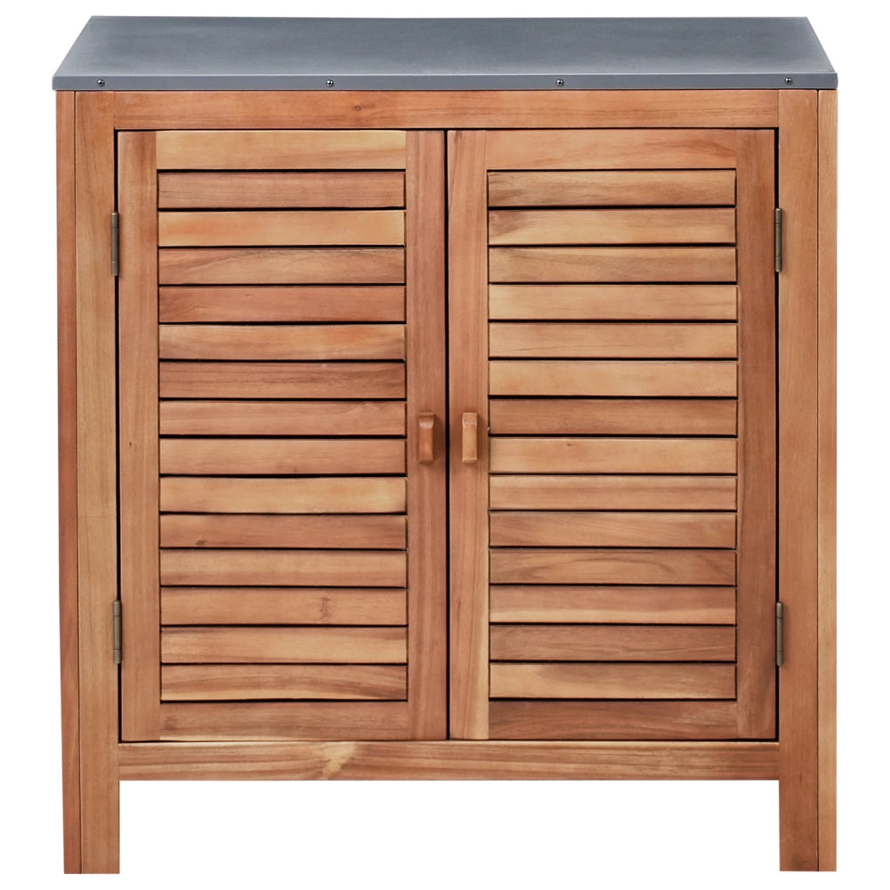 Cucina da giardino in legno di acacia 3 elementi con anta e ripiani Piano in acciaio con lavello e rubinetto Marrone e argento