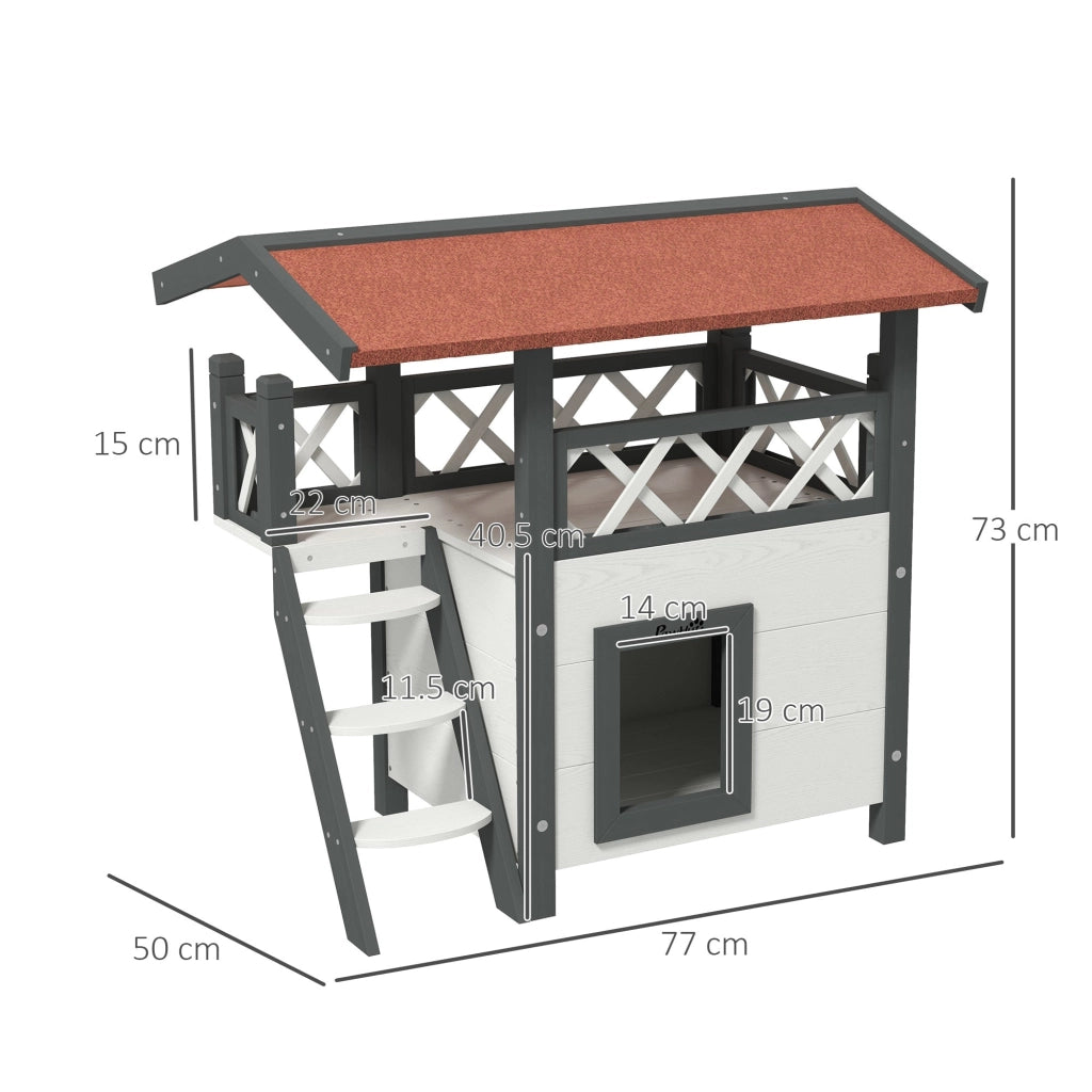 Casetta per Gatti da Esterno con Terrazza e Scaletta 77x50x73 cm in Legno Bianco e Grigio