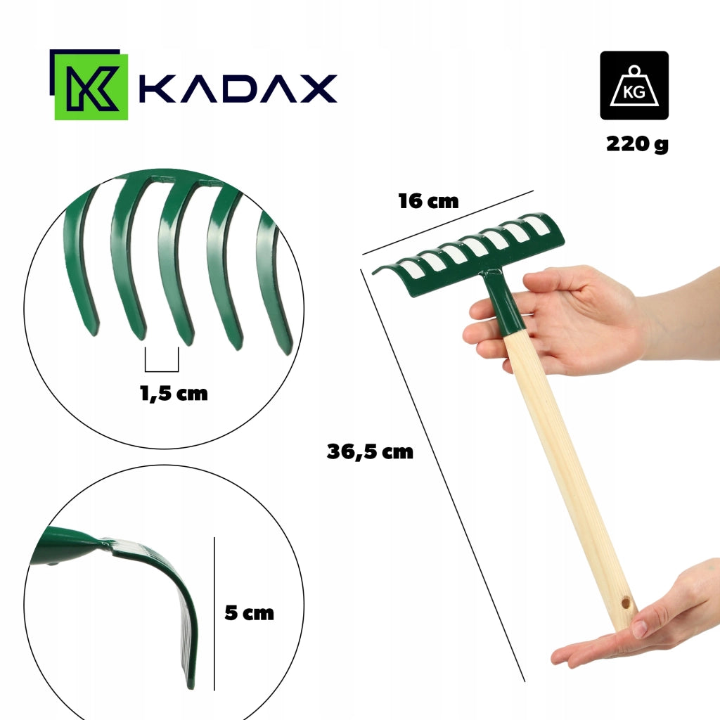 KADAX Piccolo rastrello per foglie ed erba da giardino, 36 cm, 8 denti, manico in legno