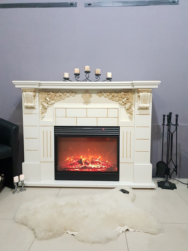 Camino Elettrico da Pavimento 111x145x38 cm Effetto Fiamma 1950W Imperial & Mirabella Avorio