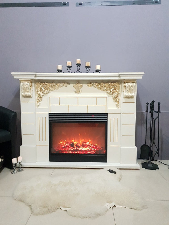 Camino Elettrico da Pavimento 111x145x38 cm Effetto Fiamma 1950W Imperial & Mirabella Avorio