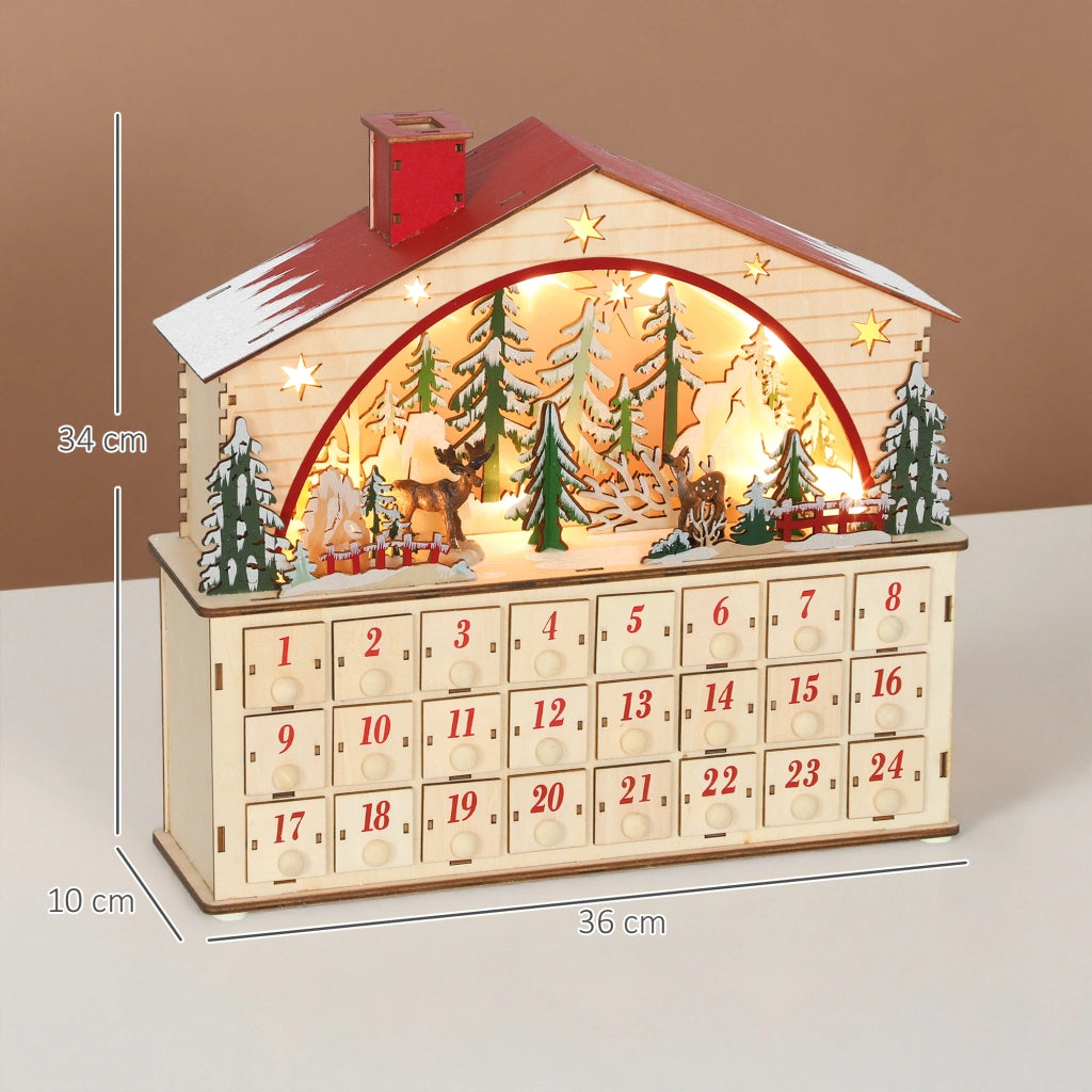 Calendario dell'Avvento 24 Cassetti con LED ¨C Minimal ¨C Legno Naturale 36x10x34 cm