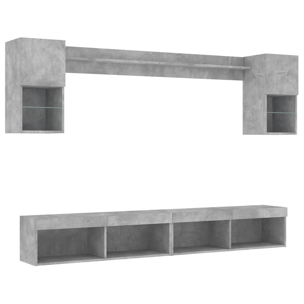 Mobili TV a Muro con LED 6pz Grigio Cemento Legno Multistrato