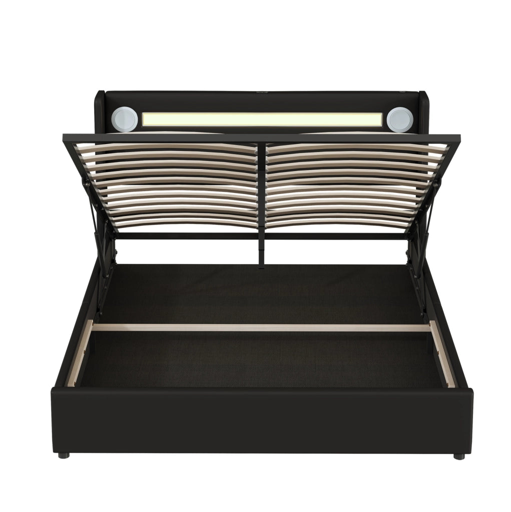 Letto imbottito contenitore matrimoniale 160x200 con LED; Bluetooth e USB; PU nero