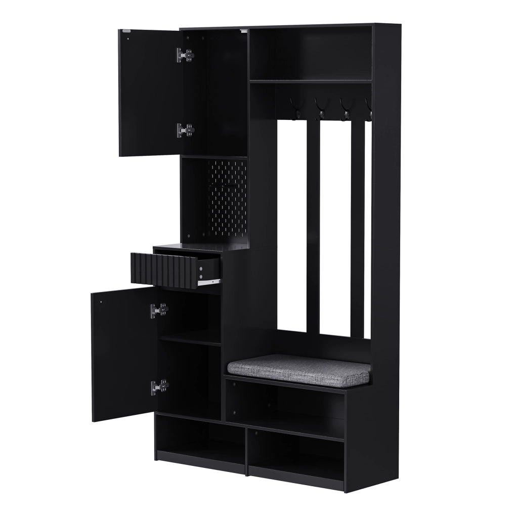 Mobile da ingresso con 1 Anta; 2 Cassetti; 4 Ganci e Panca imbottita per Ingresso in MDF 100×35×180 cm Nero